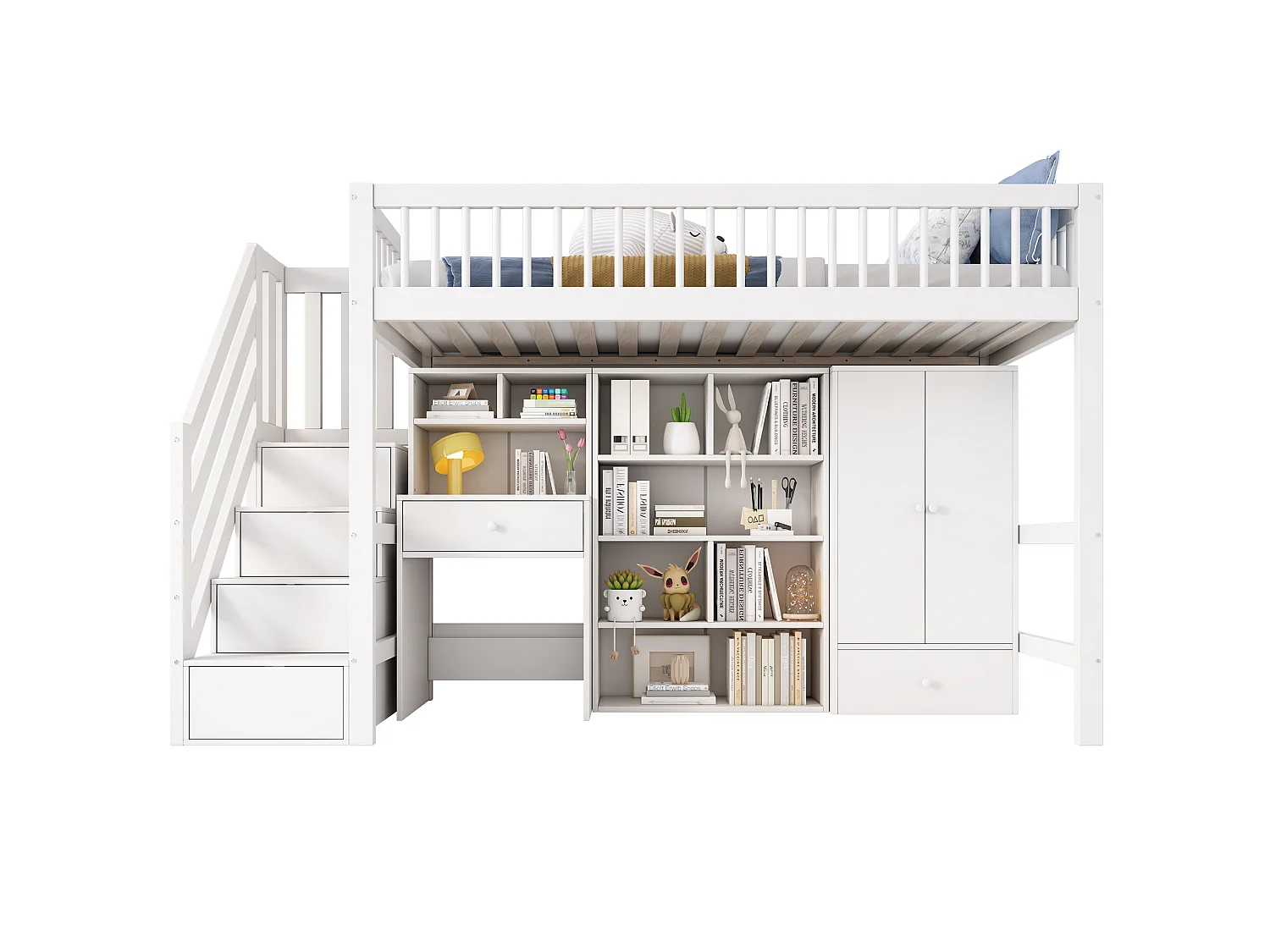 Lit mezzanine enfant 90x200 cm avec bureau, escalier, casiers et armoire, bois massif et MDF, blanc
