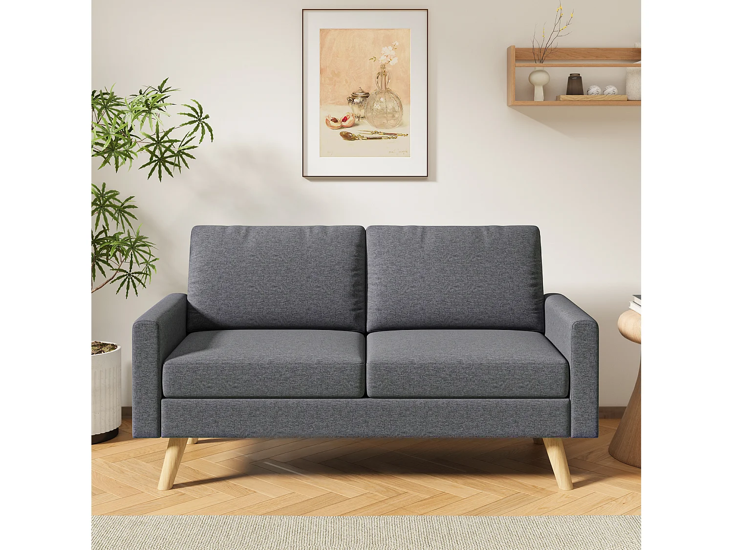 Canapé 2 Places en Tissu, avec Ressorts Métalliques en S et Bande Élastique Haute Résistance, Dossier Épaissi et Pieds en Bois Massif, 147×63×84 cm, Gris Foncé