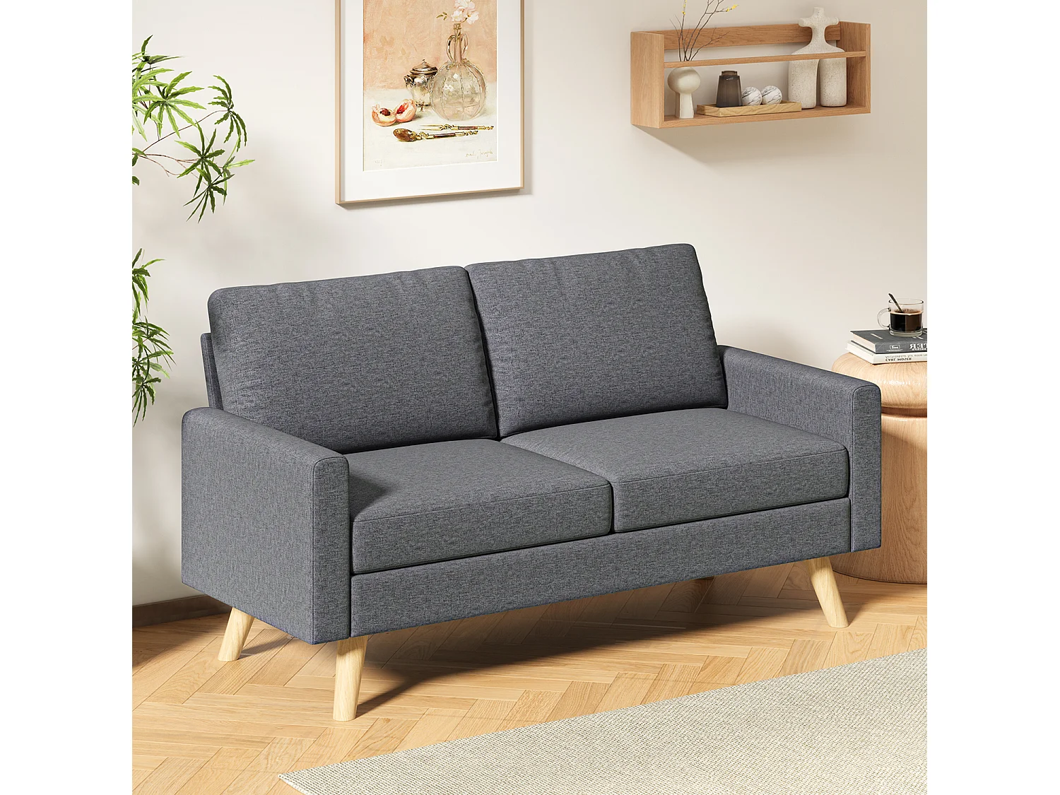 Canapé 2 Places en Tissu, avec Ressorts Métalliques en S et Bande Élastique Haute Résistance, Dossier Épaissi et Pieds en Bois Massif, 147×63×84 cm, Gris Foncé