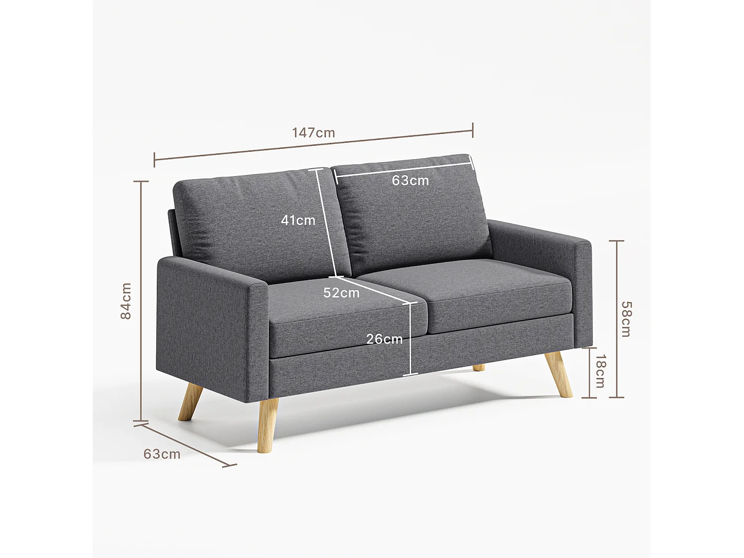 Canapé 2 Places en Tissu, avec Ressorts Métalliques en S et Bande Élastique Haute Résistance, Dossier Épaissi et Pieds en Bois Massif, 147×63×84 cm, Gris Foncé