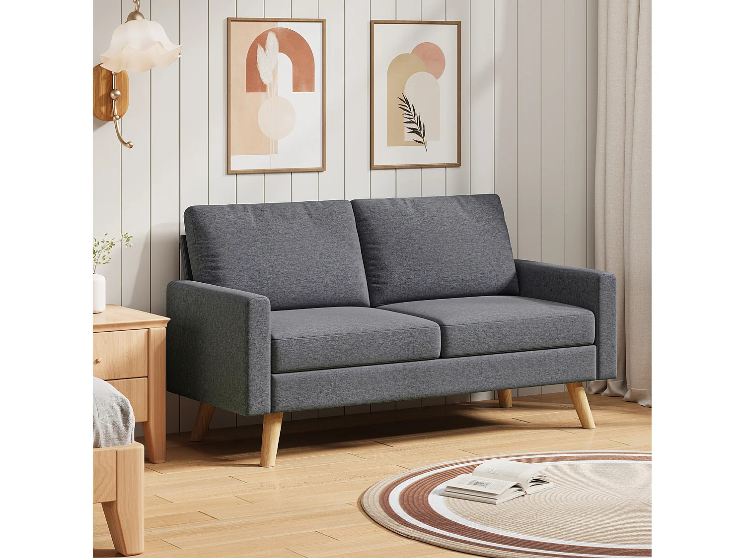 Canapé 2 Places en Tissu, avec Ressorts Métalliques en S et Bande Élastique Haute Résistance, Dossier Épaissi et Pieds en Bois Massif, 147×63×84 cm, Gris Foncé