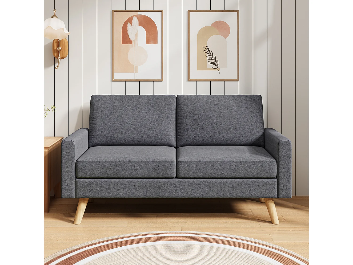 Canapé 2 Places en Tissu, avec Ressorts Métalliques en S et Bande Élastique Haute Résistance, Dossier Épaissi et Pieds en Bois Massif, 147×63×84 cm, Gris Foncé