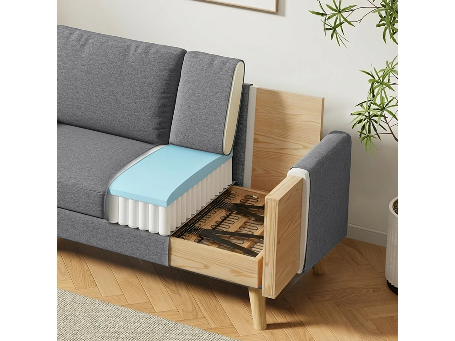 Canapé 2 Places en Tissu, avec Ressorts Métalliques en S et Bande Élastique Haute Résistance, Dossier Épaissi et Pieds en Bois Massif, 147×63×84 cm, Gris Foncé
