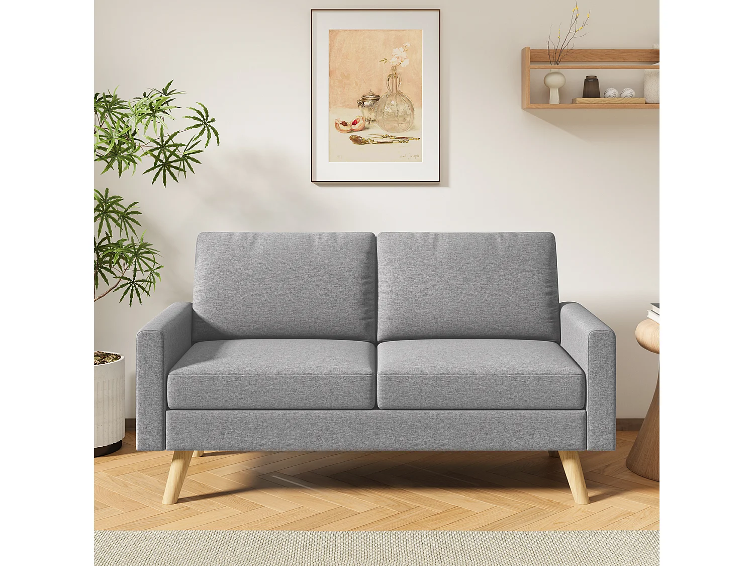 Canapé 2 Places en Tissu, avec Ressorts Métalliques en S et Bande Élastique Haute Résistance, Dossier Épaissi et Pieds en Bois Massif, 147×63×84 cm, Gris Clair