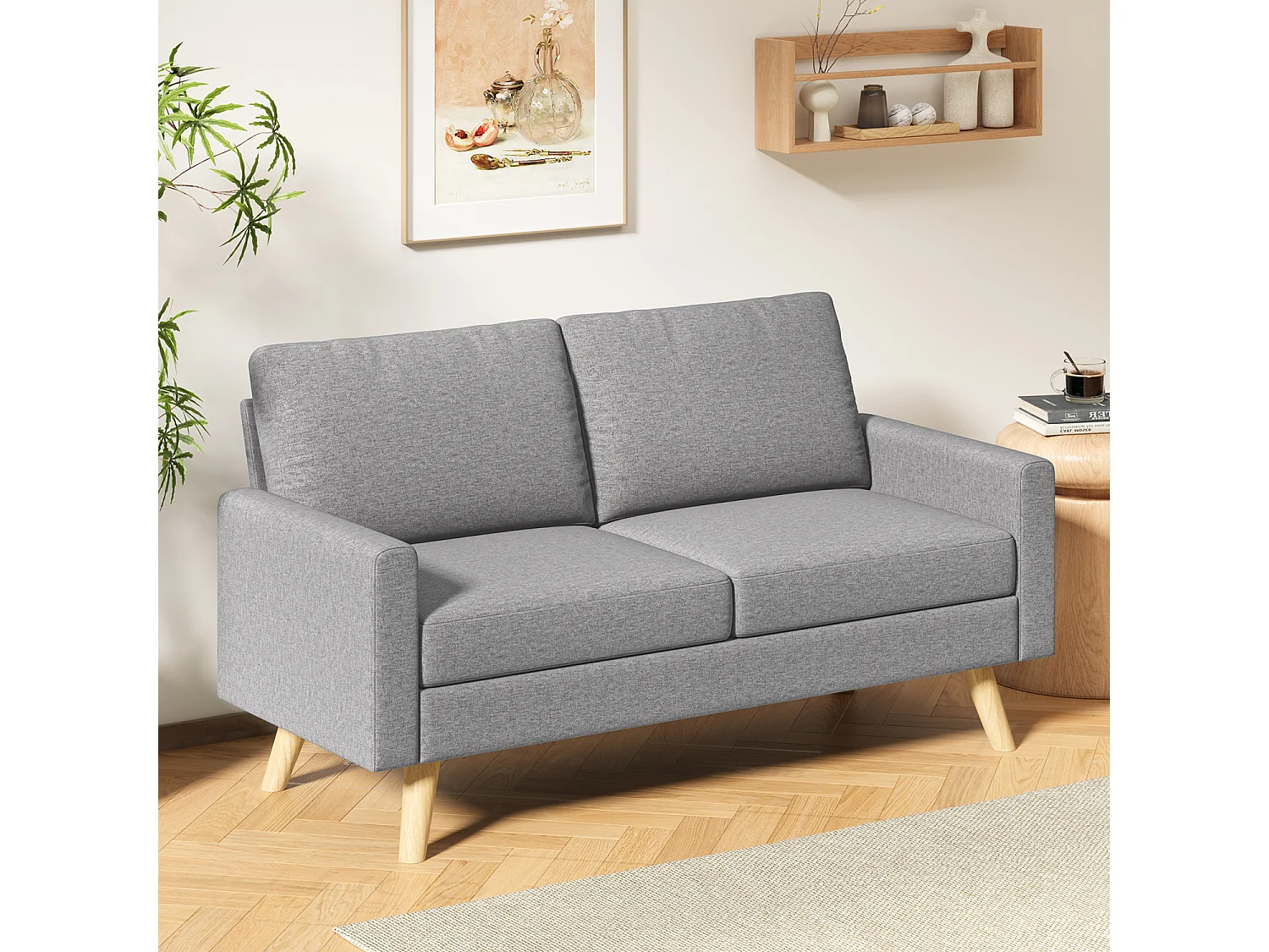 Canapé 2 Places en Tissu, avec Ressorts Métalliques en S et Bande Élastique Haute Résistance, Dossier Épaissi et Pieds en Bois Massif, 147×63×84 cm, Gris Clair