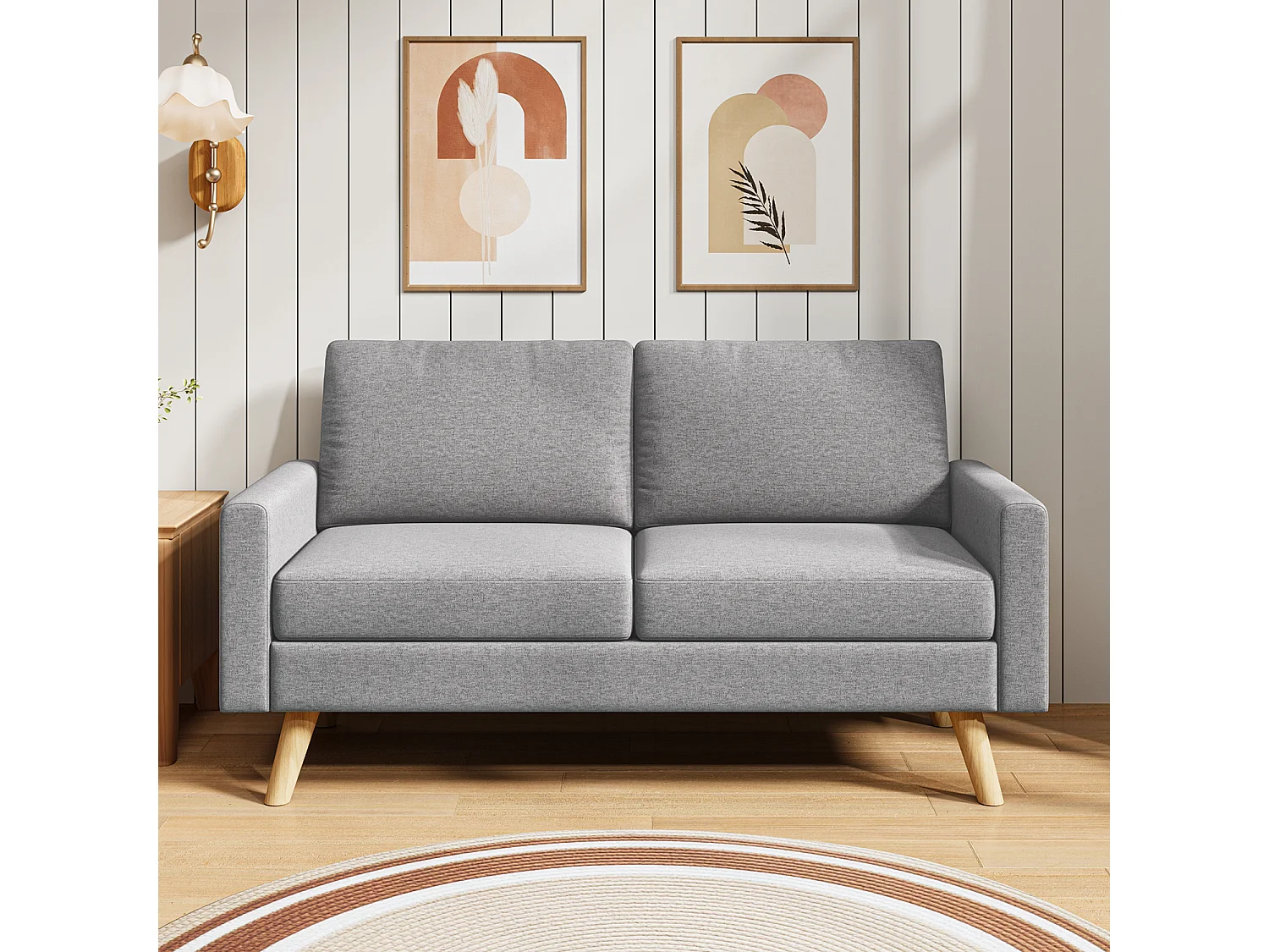 Canapé 2 Places en Tissu, avec Ressorts Métalliques en S et Bande Élastique Haute Résistance, Dossier Épaissi et Pieds en Bois Massif, 147×63×84 cm, Gris Clair