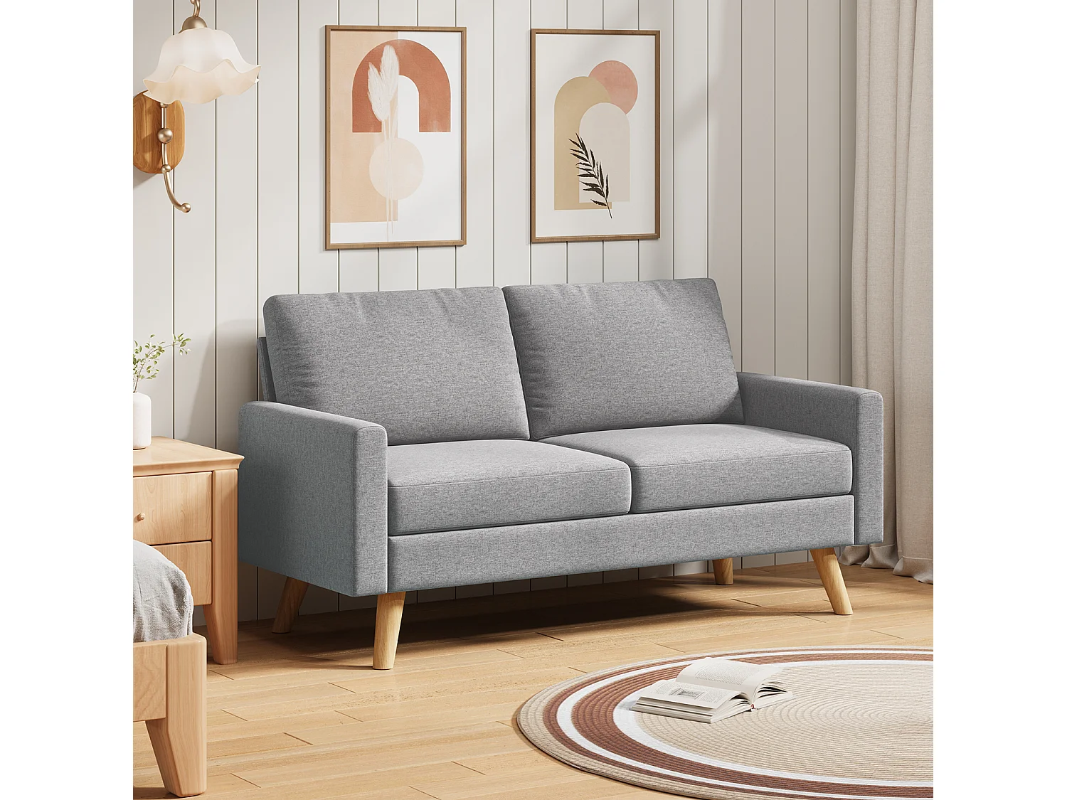 Canapé 2 Places en Tissu, avec Ressorts Métalliques en S et Bande Élastique Haute Résistance, Dossier Épaissi et Pieds en Bois Massif, 147×63×84 cm, Gris Clair