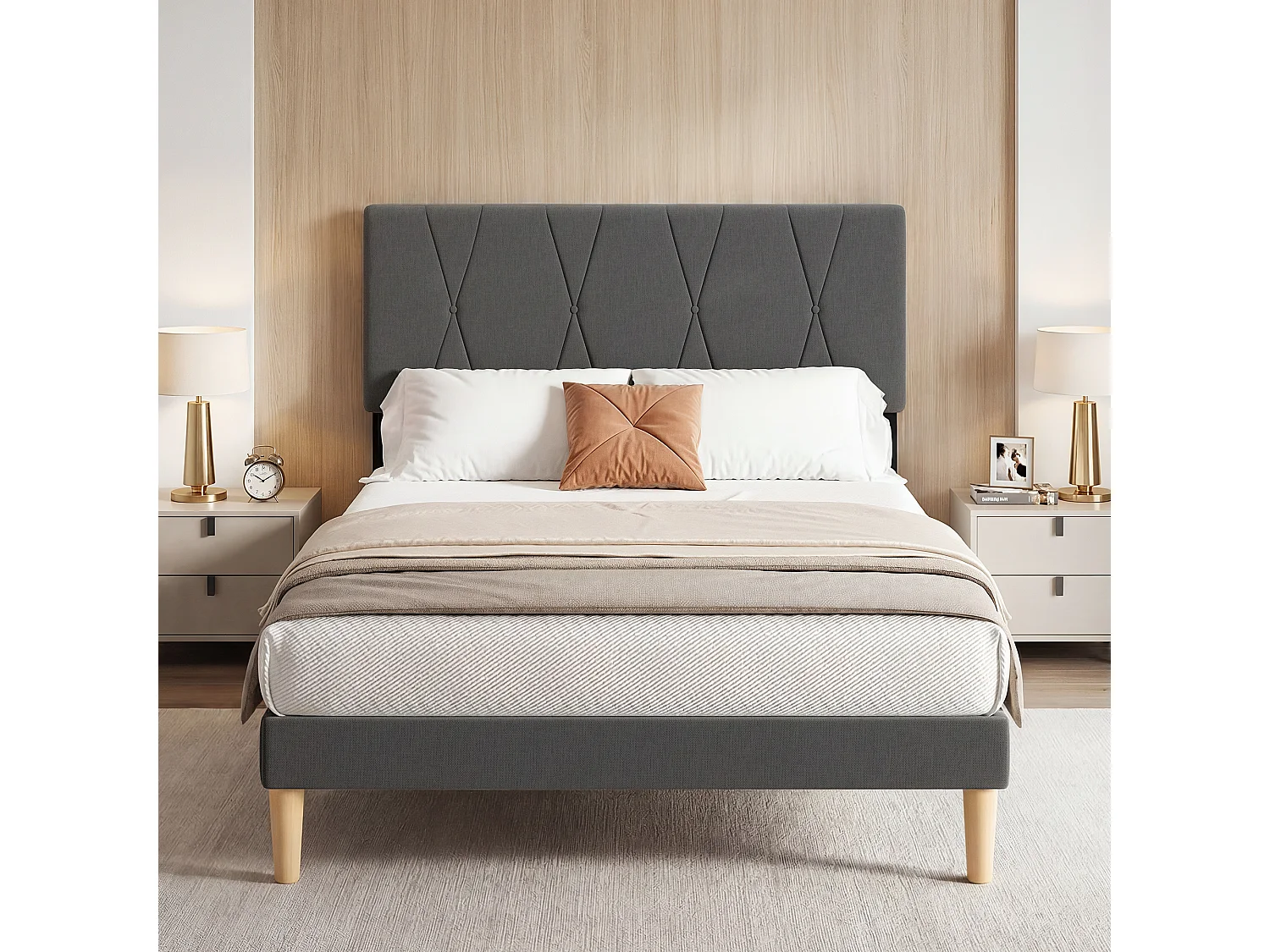 Cadre de Lit Rembourré en Tissu, Tête de Lit avec Motif Géométrique, Sommier à Lattes Fixé avec Velcro, Stable et Silencieux, 140x200cm, Gris foncé