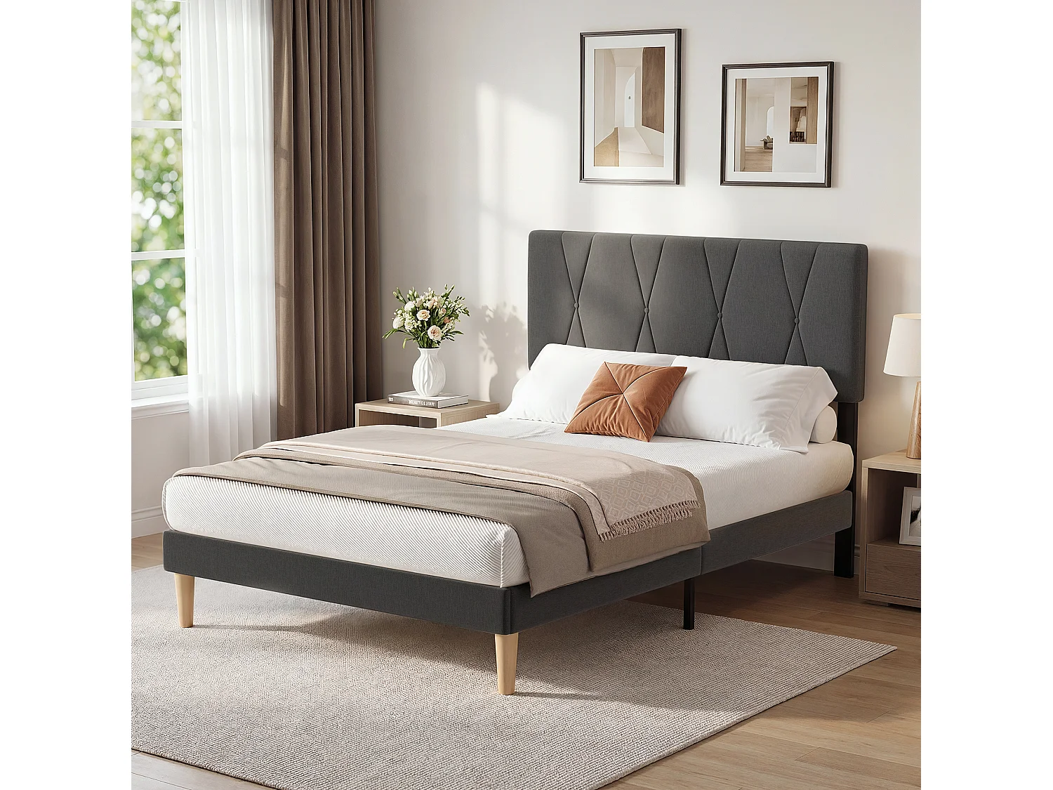 Cadre de Lit Rembourré en Tissu, Tête de Lit avec Motif Géométrique, Sommier à Lattes Fixé avec Velcro, Stable et Silencieux, 140x200cm, Gris foncé