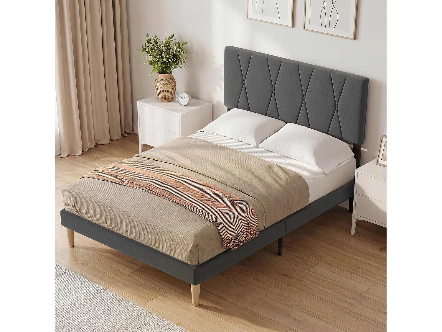 Cadre de Lit Rembourré en Tissu, Tête de Lit avec Motif Géométrique, Sommier à Lattes Fixé avec Velcro, Stable et Silencieux, 140x200cm, Gris foncé
