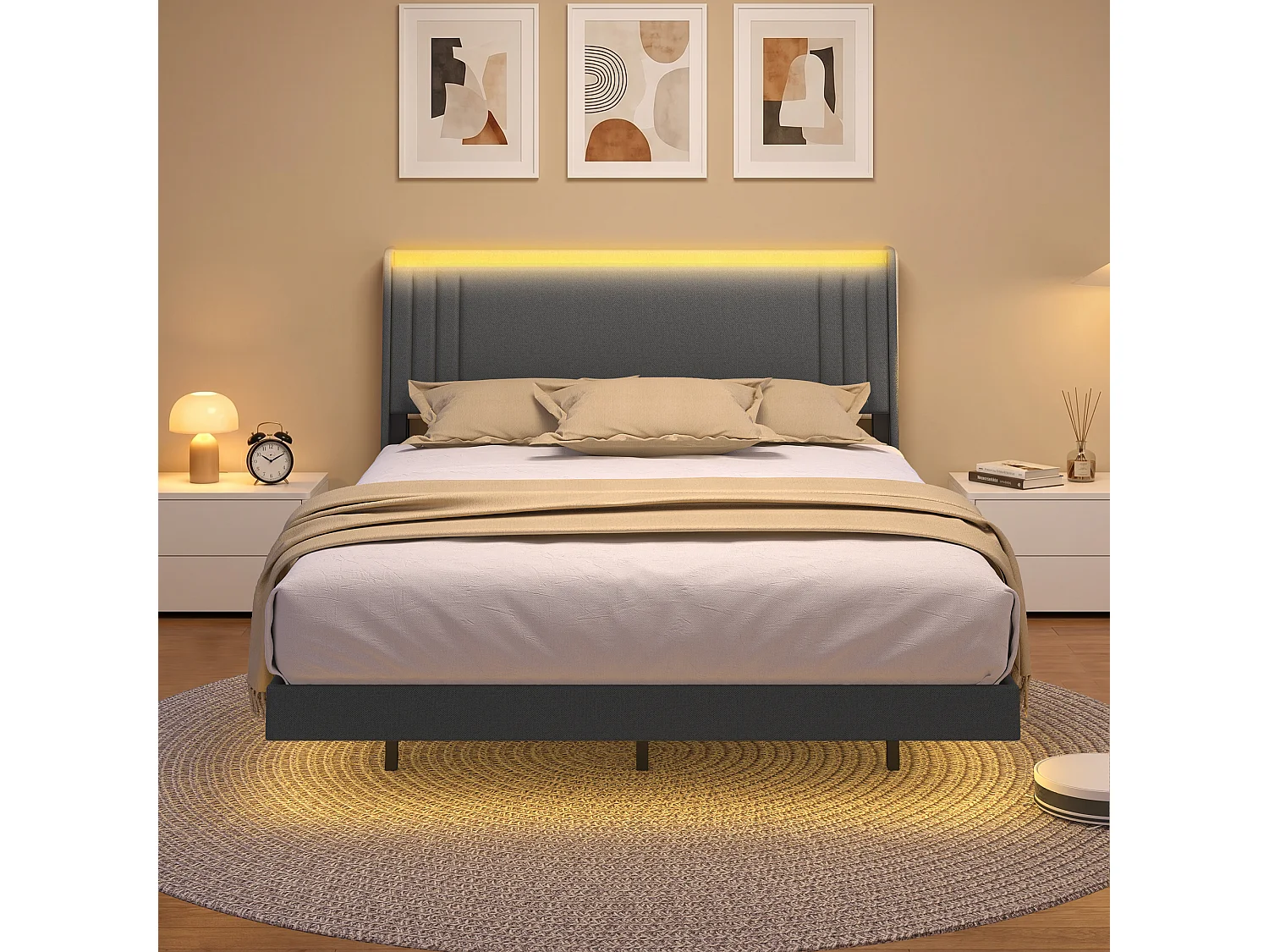 Lit Rembourré Design Flottant Bealife avec Station de Charge Intelligente et Bande LED RGB, Pieds Cachés, Sommeir, 140×200 cm, Gris Foncé