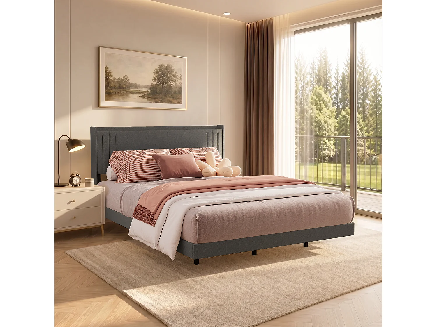 Lit Rembourré Design Flottant Bealife avec Station de Charge Intelligente et Bande LED RGB, Pieds Cachés, Sommeir, 140×200 cm, Gris Foncé