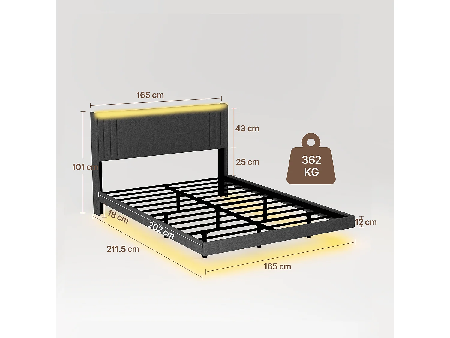 Lit Rembourré Design Flottant Bealife avec Station de Charge Intelligente et Bande LED RGB, Pieds Cachés, Sommeir, 140×200 cm, Gris Foncé