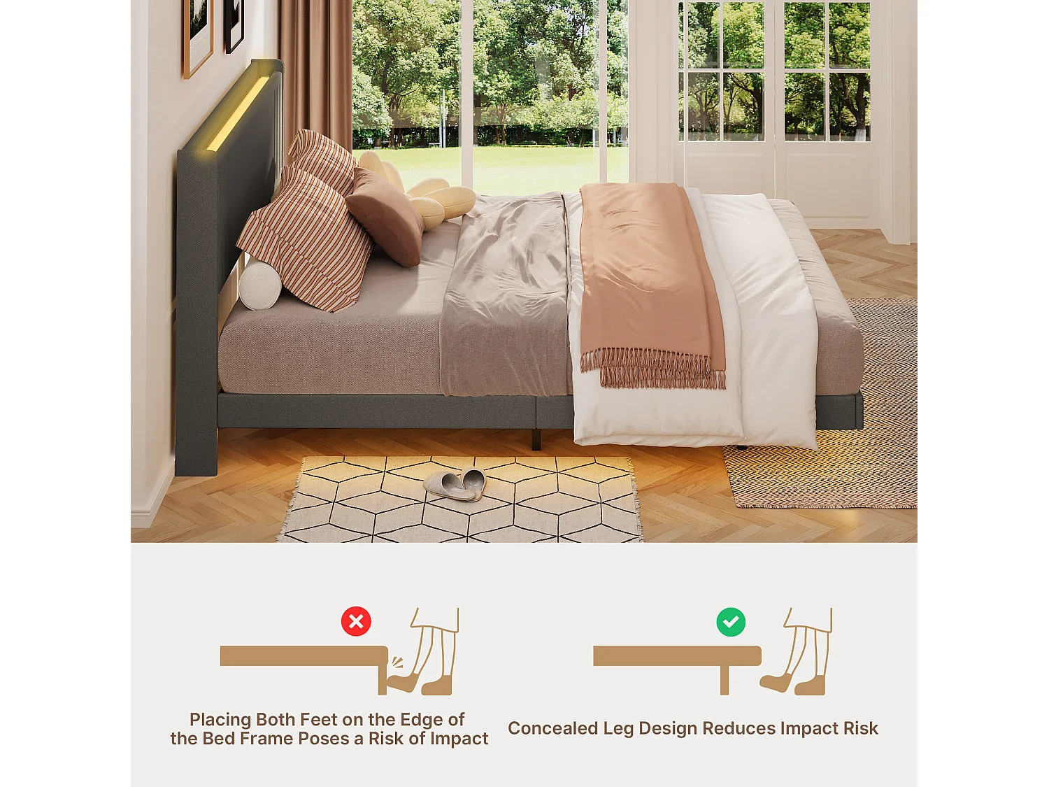 Lit Rembourré Design Flottant Bealife avec Station de Charge Intelligente et Bande LED RGB, Pieds Cachés, Sommeir, 140×200 cm, Gris Foncé