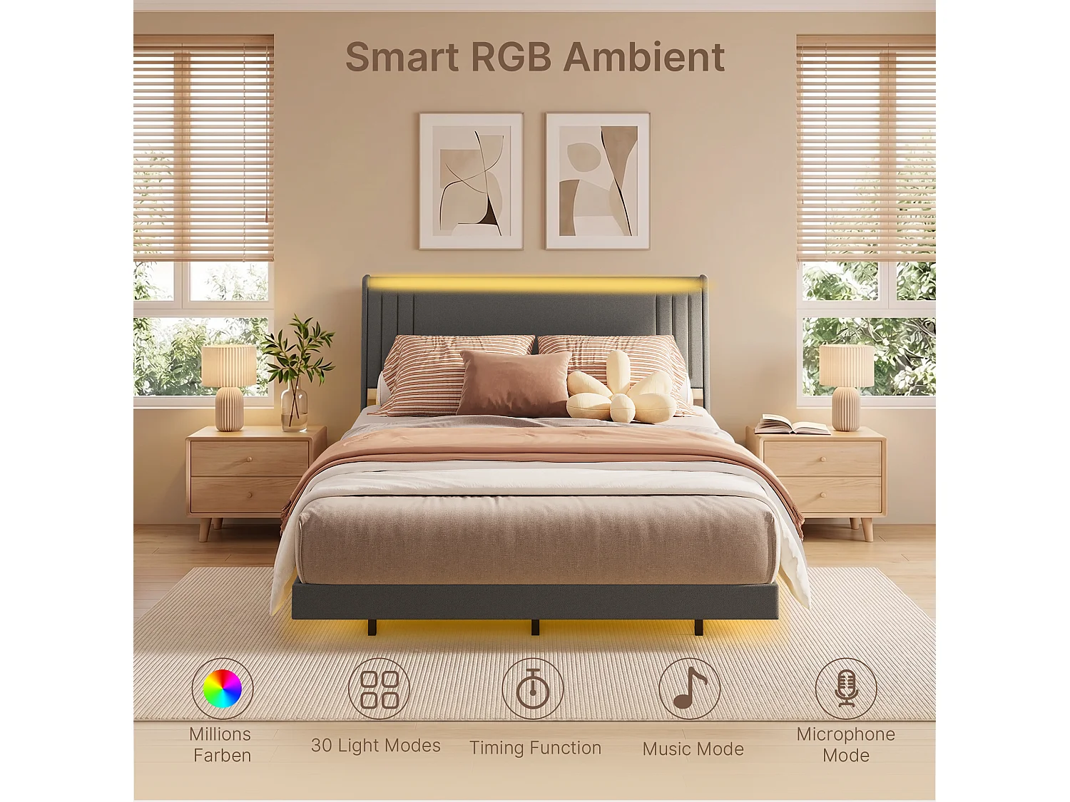 Lit Rembourré Design Flottant Bealife avec Station de Charge Intelligente et Bande LED RGB, Pieds Cachés, Sommeir, 140×200 cm, Gris Foncé