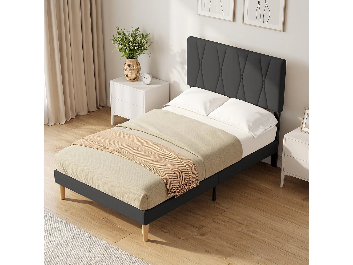 Cadre de Lit Rembourré en Tissu, Tête de Lit avec Motif Géométrique, Sommier à Lattes Fixé avec Velcro, Stable et Silencieux, 120x200cm, Gris foncé