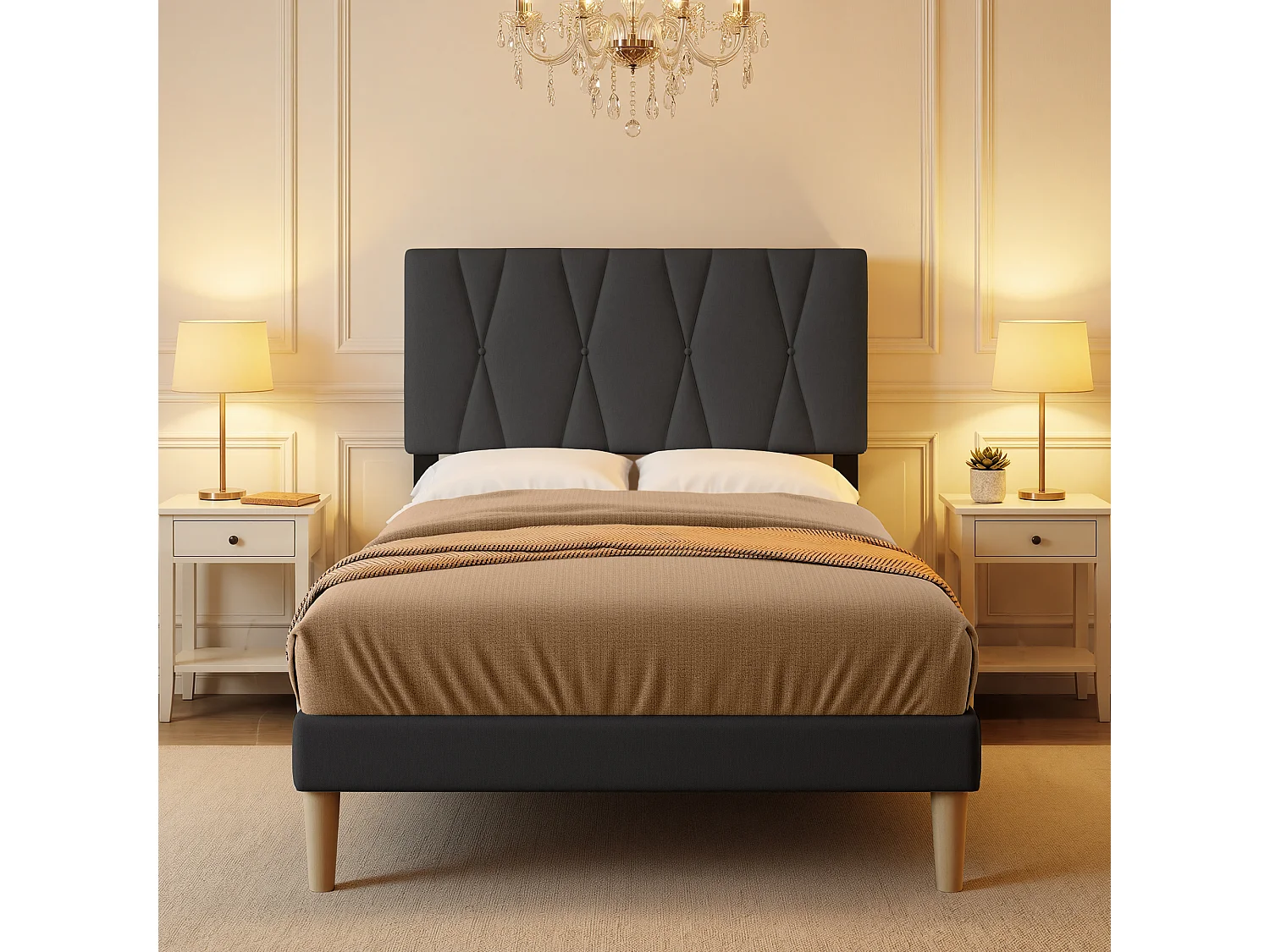 Cadre de Lit Rembourré en Tissu, Tête de Lit avec Motif Géométrique, Sommier à Lattes Fixé avec Velcro, Stable et Silencieux, 120x200cm, Gris foncé