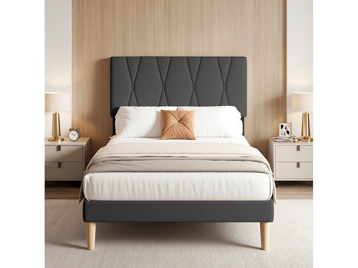 Cadre de Lit Rembourré en Tissu, Tête de Lit avec Motif Géométrique, Sommier à Lattes Fixé avec Velcro, Stable et Silencieux, 120x200cm, Gris foncé