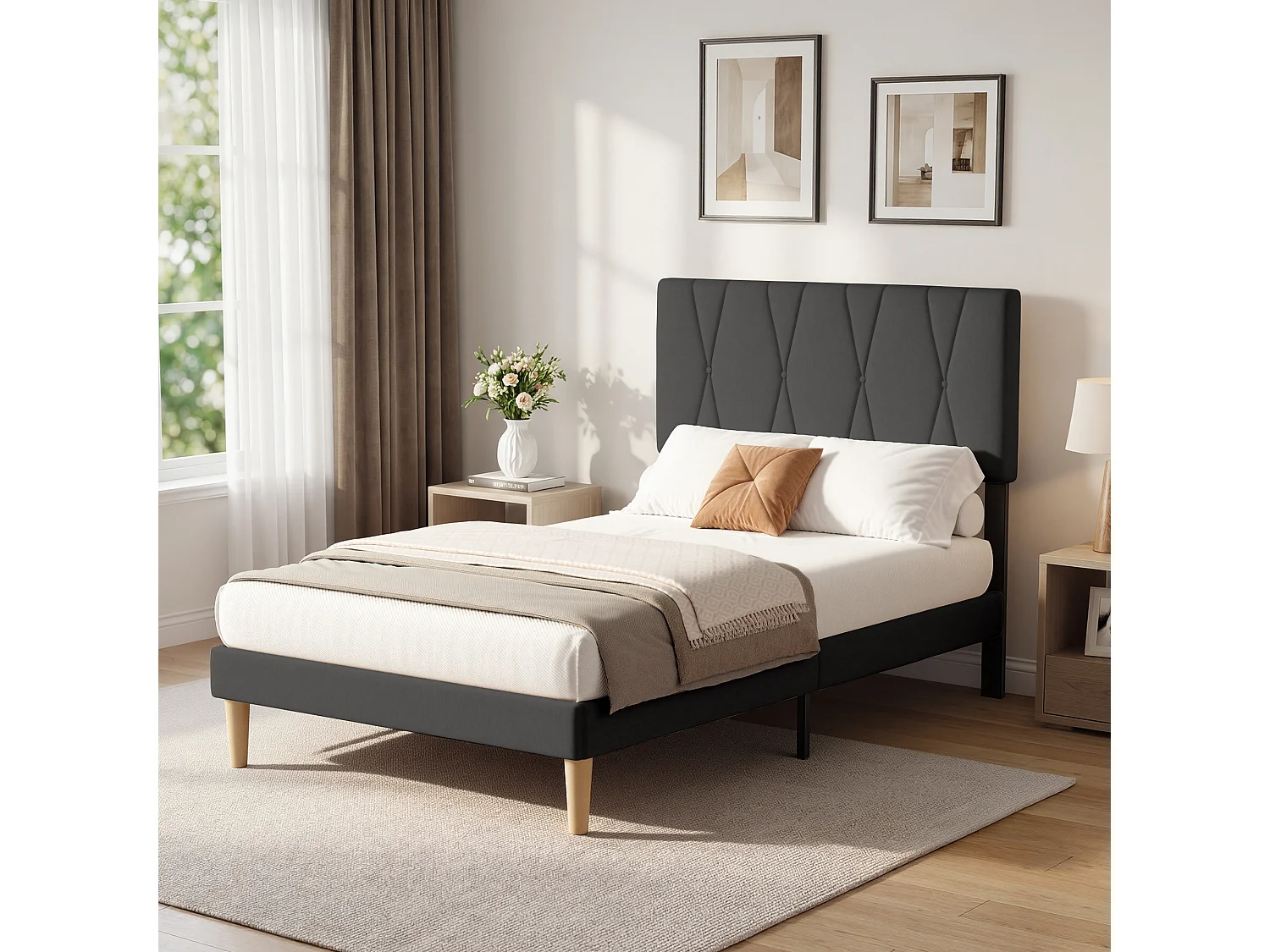 Cadre de Lit Rembourré en Tissu, Tête de Lit avec Motif Géométrique, Sommier à Lattes Fixé avec Velcro, Stable et Silencieux, 120x200cm, Gris foncé
