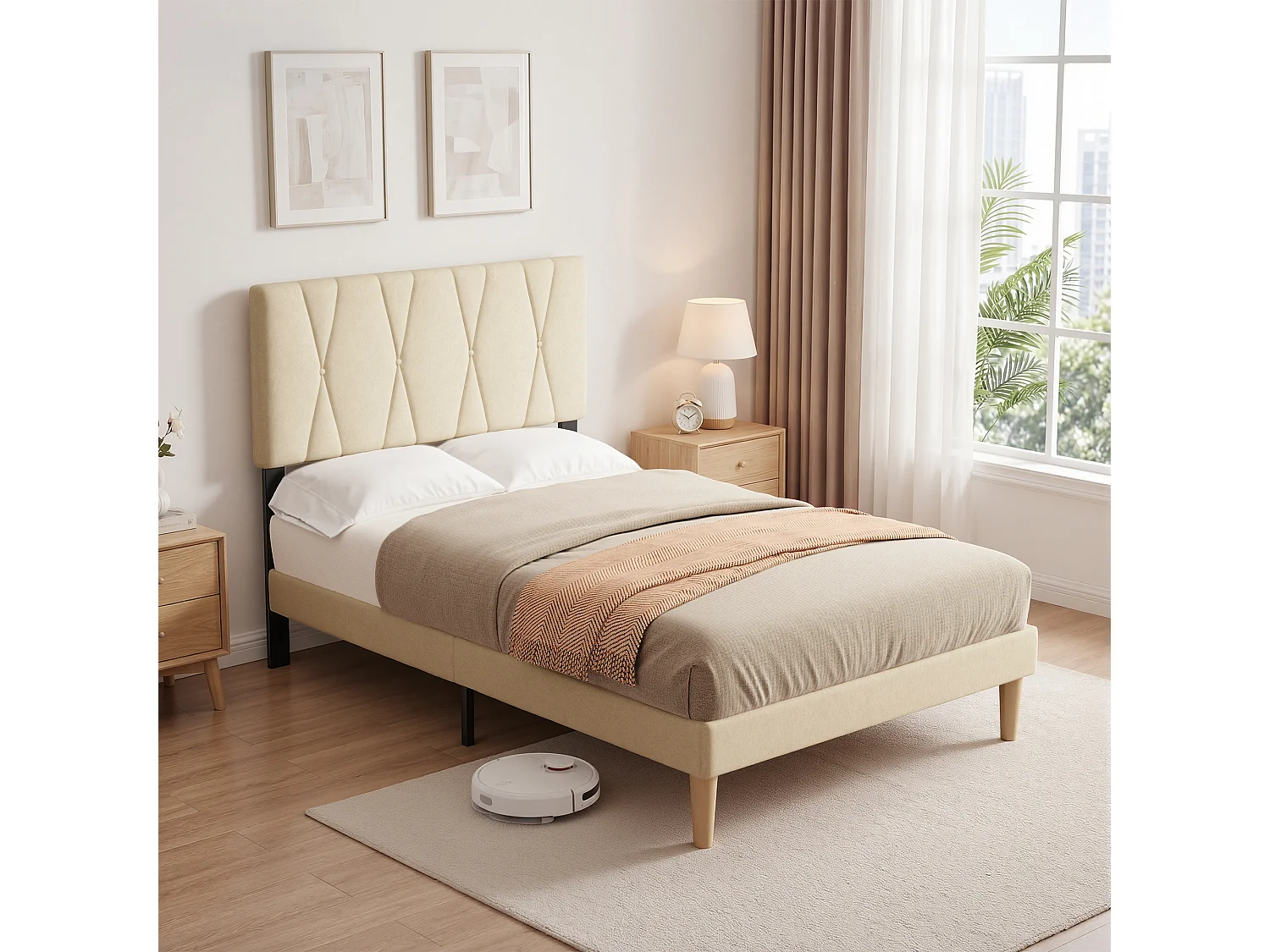 Cadre de Lit Rembourré en Tissu, Tête de Lit avec Motif Géométrique, Sommier à Lattes Fixé avec Velcro, Stable et Silencieux, 120x200cm, Beige