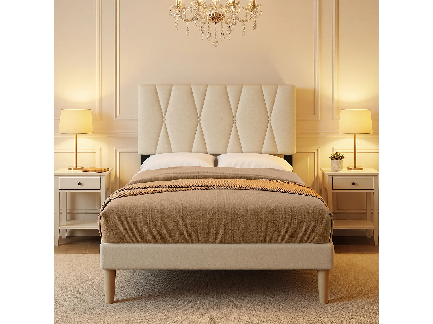Cadre de Lit Rembourré en Tissu, Tête de Lit avec Motif Géométrique, Sommier à Lattes Fixé avec Velcro, Stable et Silencieux, 120x200cm, Beige