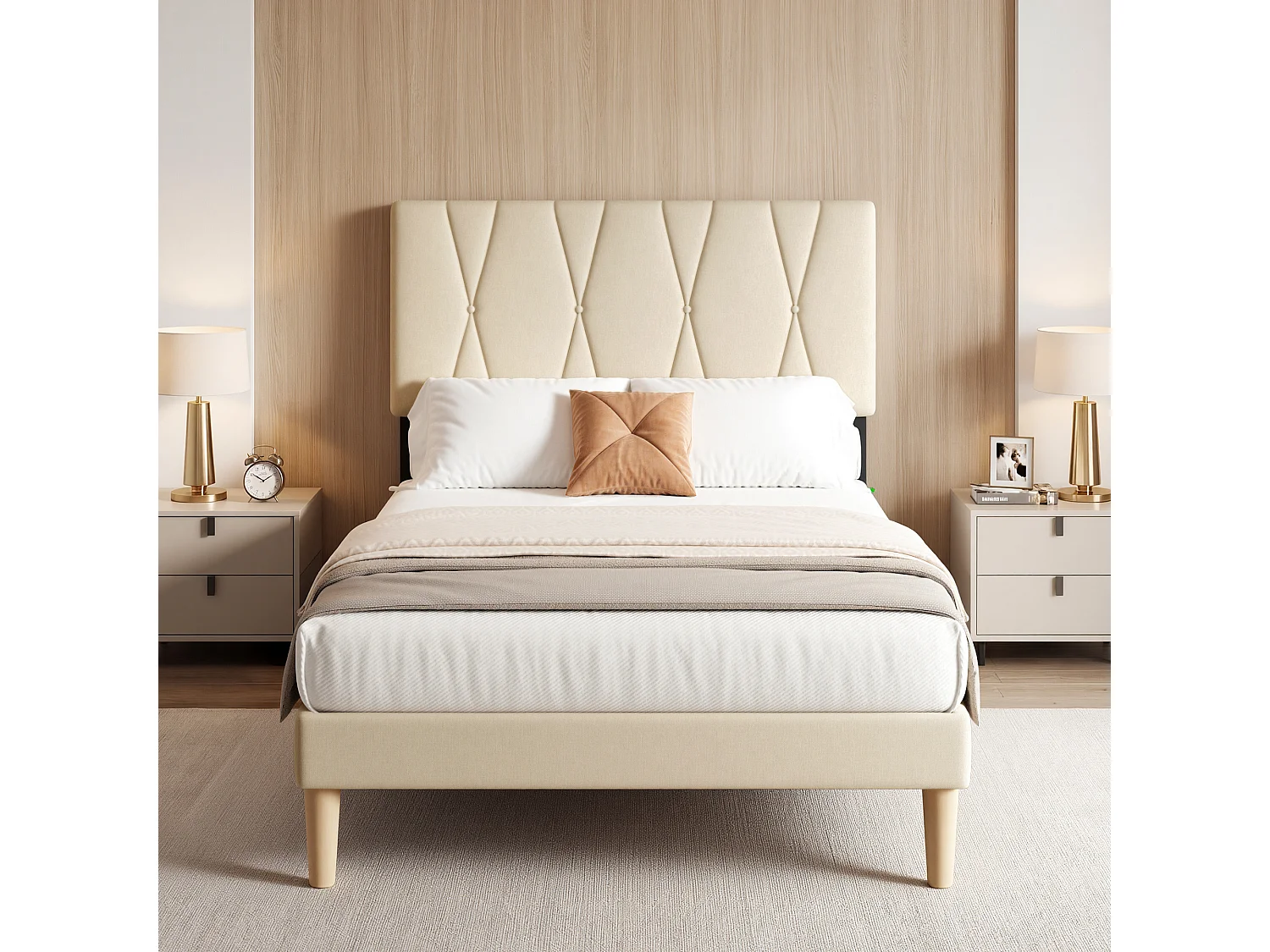 Cadre de Lit Rembourré en Tissu, Tête de Lit avec Motif Géométrique, Sommier à Lattes Fixé avec Velcro, Stable et Silencieux, 120x200cm, Beige