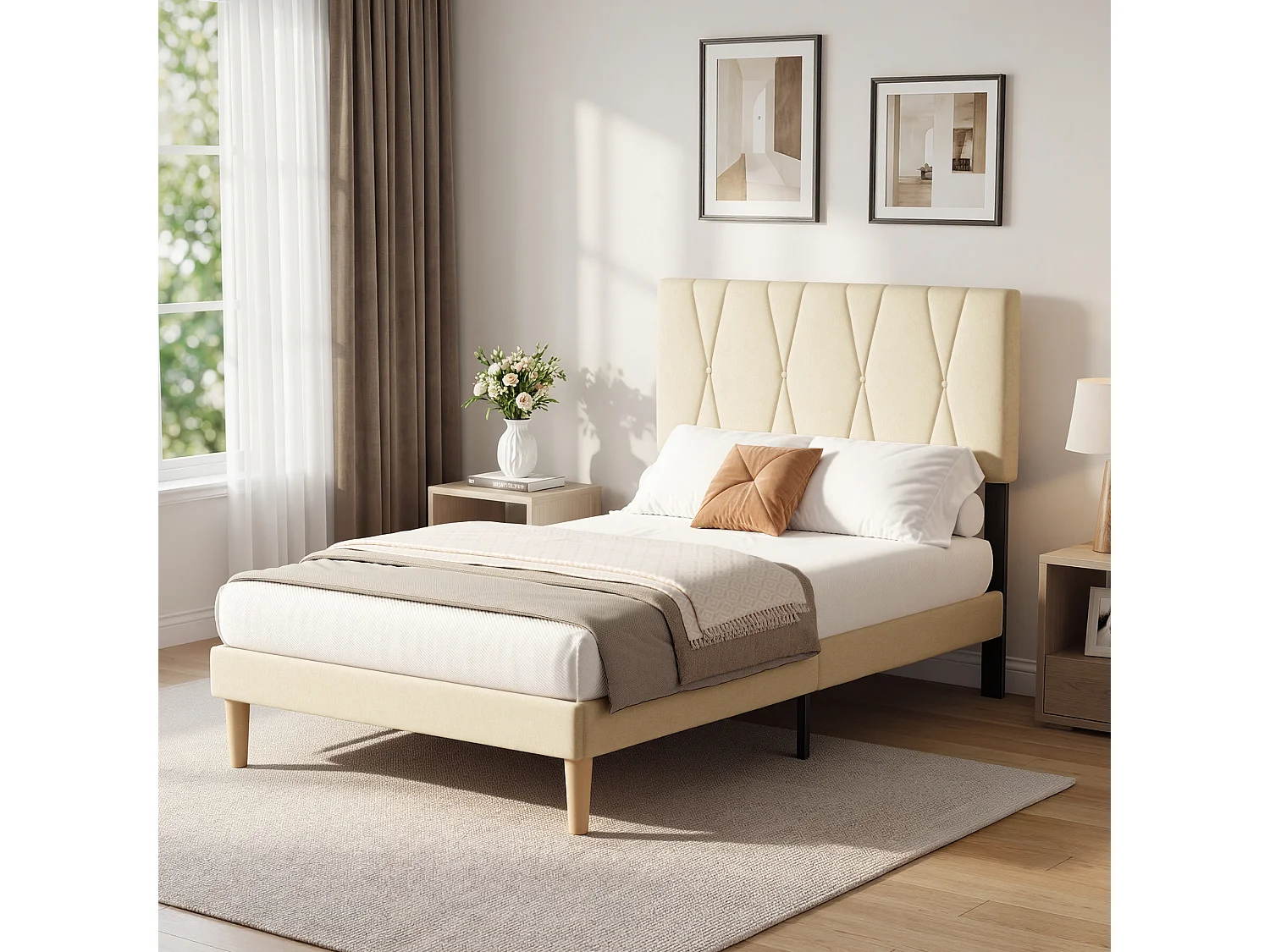 Cadre de Lit Rembourré en Tissu, Tête de Lit avec Motif Géométrique, Sommier à Lattes Fixé avec Velcro, Stable et Silencieux, 120x200cm, Beige