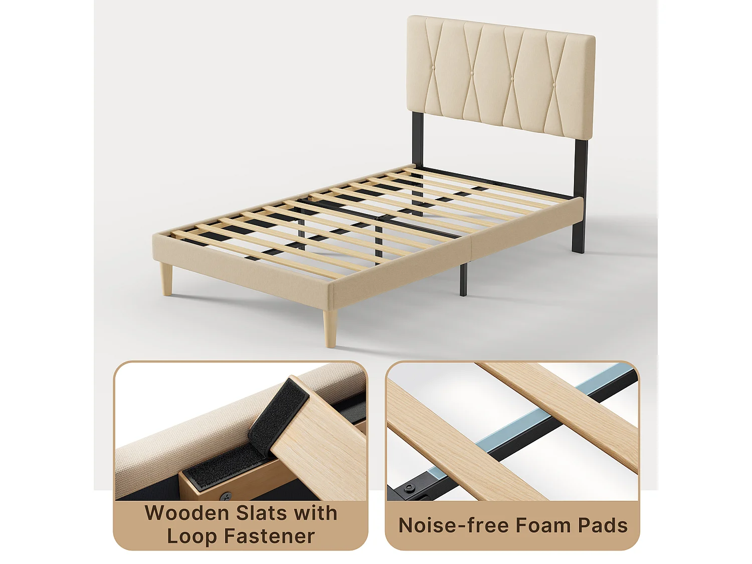 Cadre de Lit Rembourré en Tissu, Tête de Lit avec Motif Géométrique, Sommier à Lattes Fixé avec Velcro, Stable et Silencieux, 120x200cm, Beige