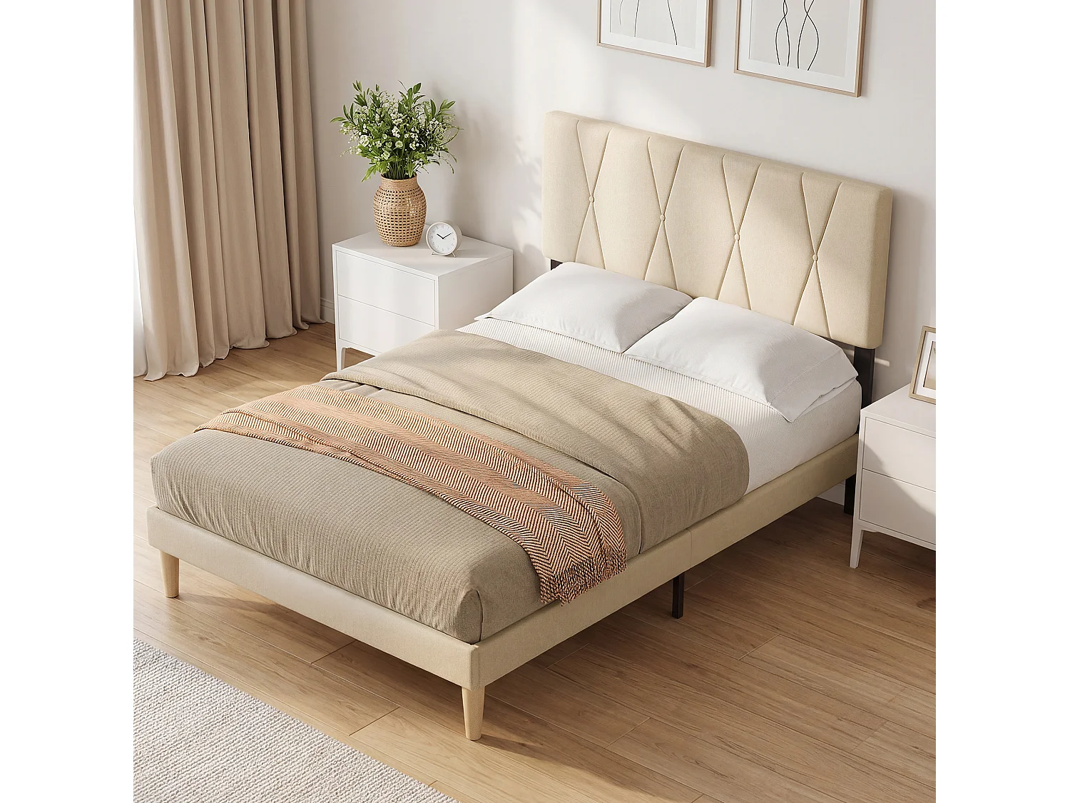 Cadre de Lit Rembourré en Tissu, Tête de Lit avec Motif Géométrique, Sommier à Lattes Fixé avec Velcro, Stable et Silencieux, 140x200cm, Beige