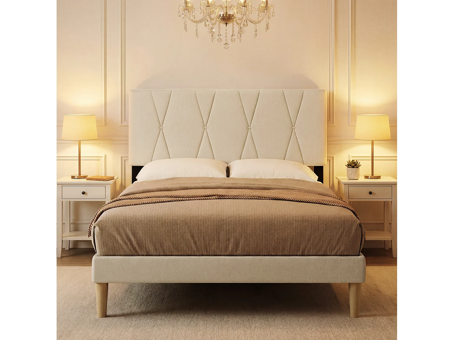 Cadre de Lit Rembourré en Tissu, Tête de Lit avec Motif Géométrique, Sommier à Lattes Fixé avec Velcro, Stable et Silencieux, 140x200cm, Beige