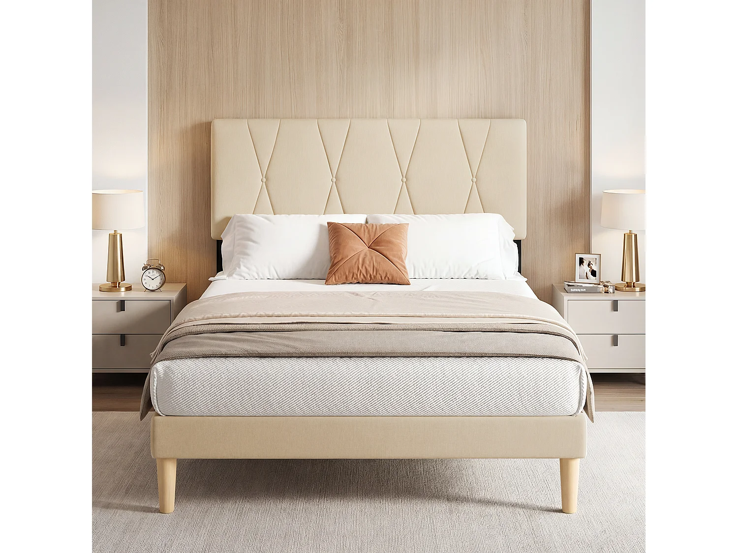 Cadre de Lit Rembourré en Tissu, Tête de Lit avec Motif Géométrique, Sommier à Lattes Fixé avec Velcro, Stable et Silencieux, 140x200cm, Beige