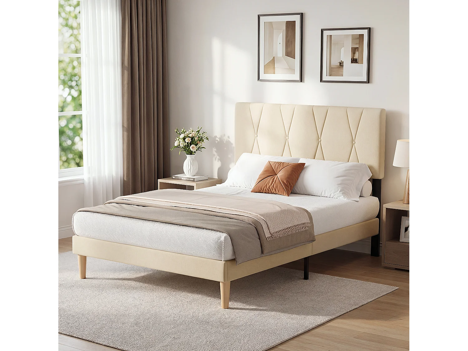Cadre de Lit Rembourré en Tissu, Tête de Lit avec Motif Géométrique, Sommier à Lattes Fixé avec Velcro, Stable et Silencieux, 140x200cm, Beige