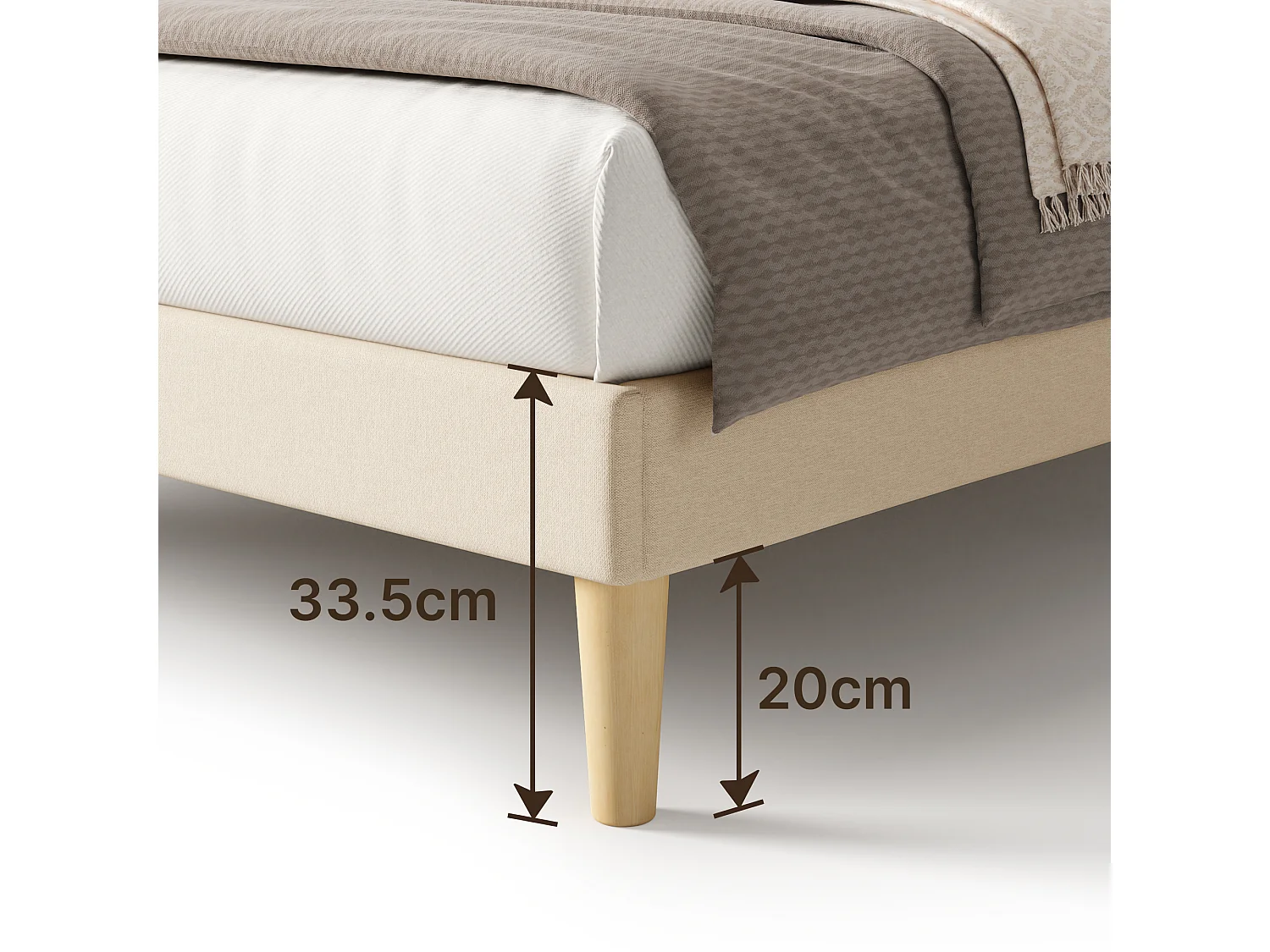 Cadre de Lit Rembourré en Tissu, Tête de Lit avec Motif Géométrique, Sommier à Lattes Fixé avec Velcro, Stable et Silencieux, 140x200cm, Beige