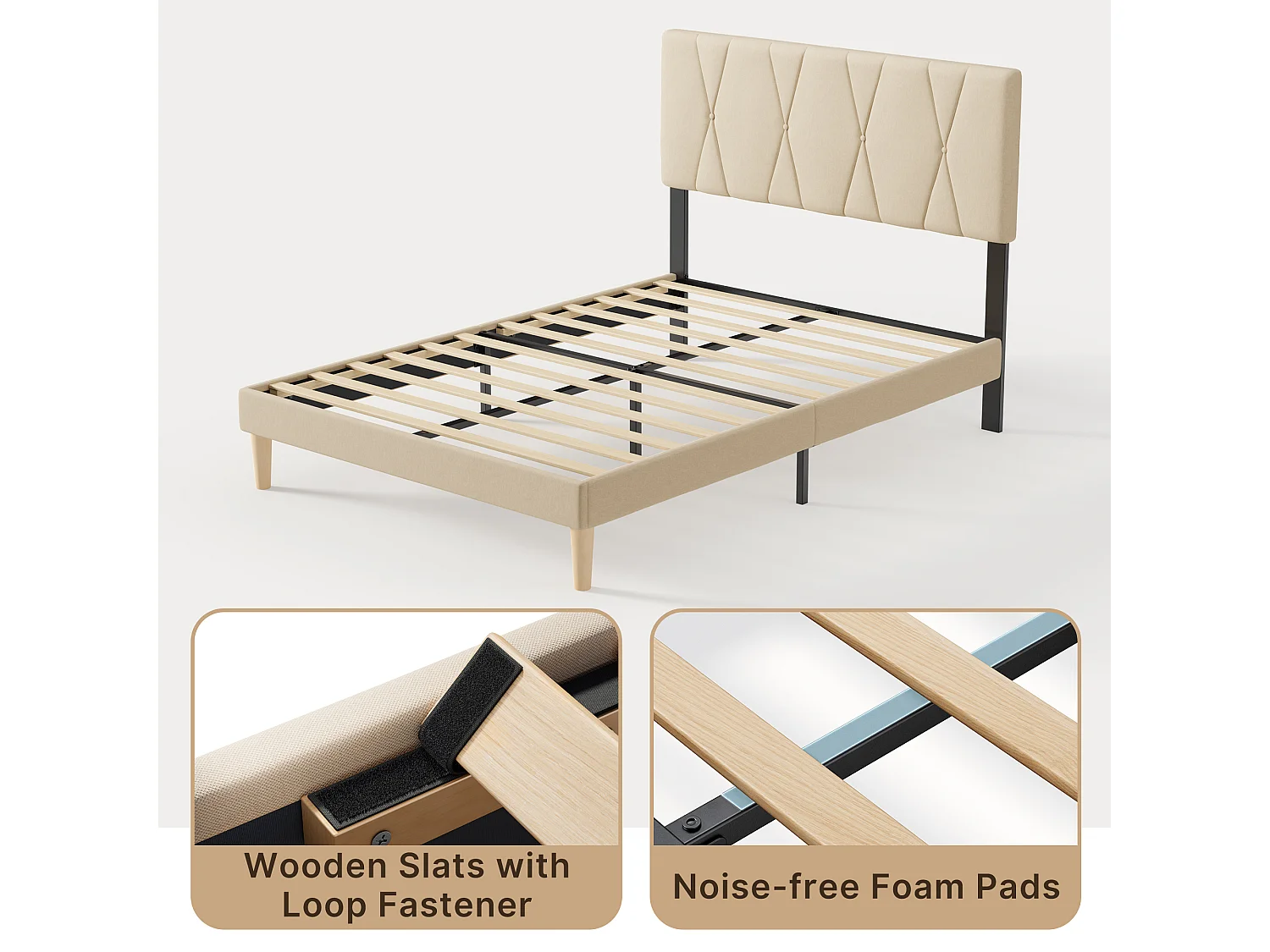 Cadre de Lit Rembourré en Tissu, Tête de Lit avec Motif Géométrique, Sommier à Lattes Fixé avec Velcro, Stable et Silencieux, 140x200cm, Beige