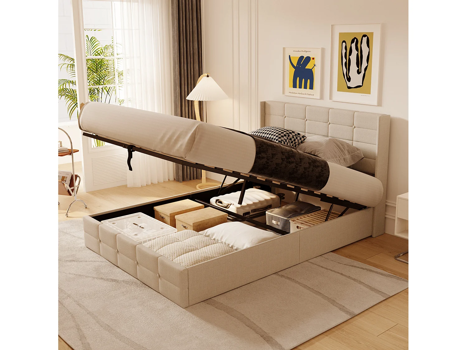 Lit à Structure Métallique avec Revêtement Doux, Grand Espace de Rangement, Système de Levage Hydraulique à Sangle, Lattes Solides, 213×148×107cm, Beige