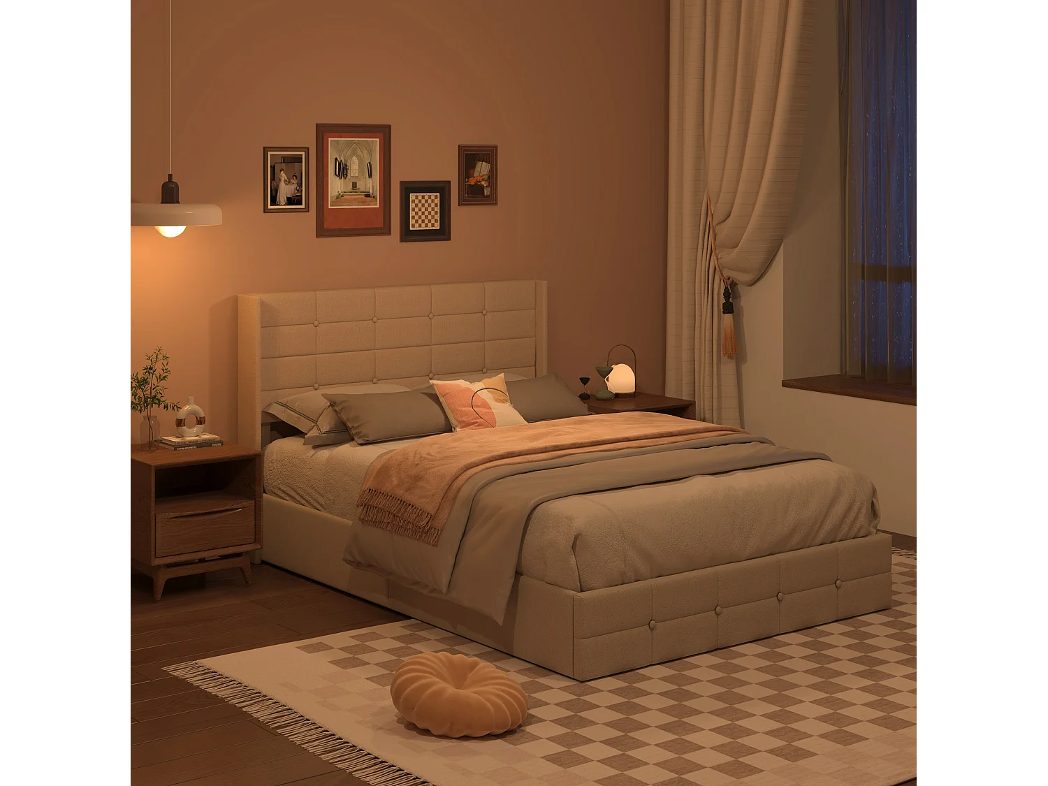 Lit à Structure Métallique avec Revêtement Doux, Grand Espace de Rangement, Système de Levage Hydraulique à Sangle, Lattes Solides, 213×148×107cm, Beige