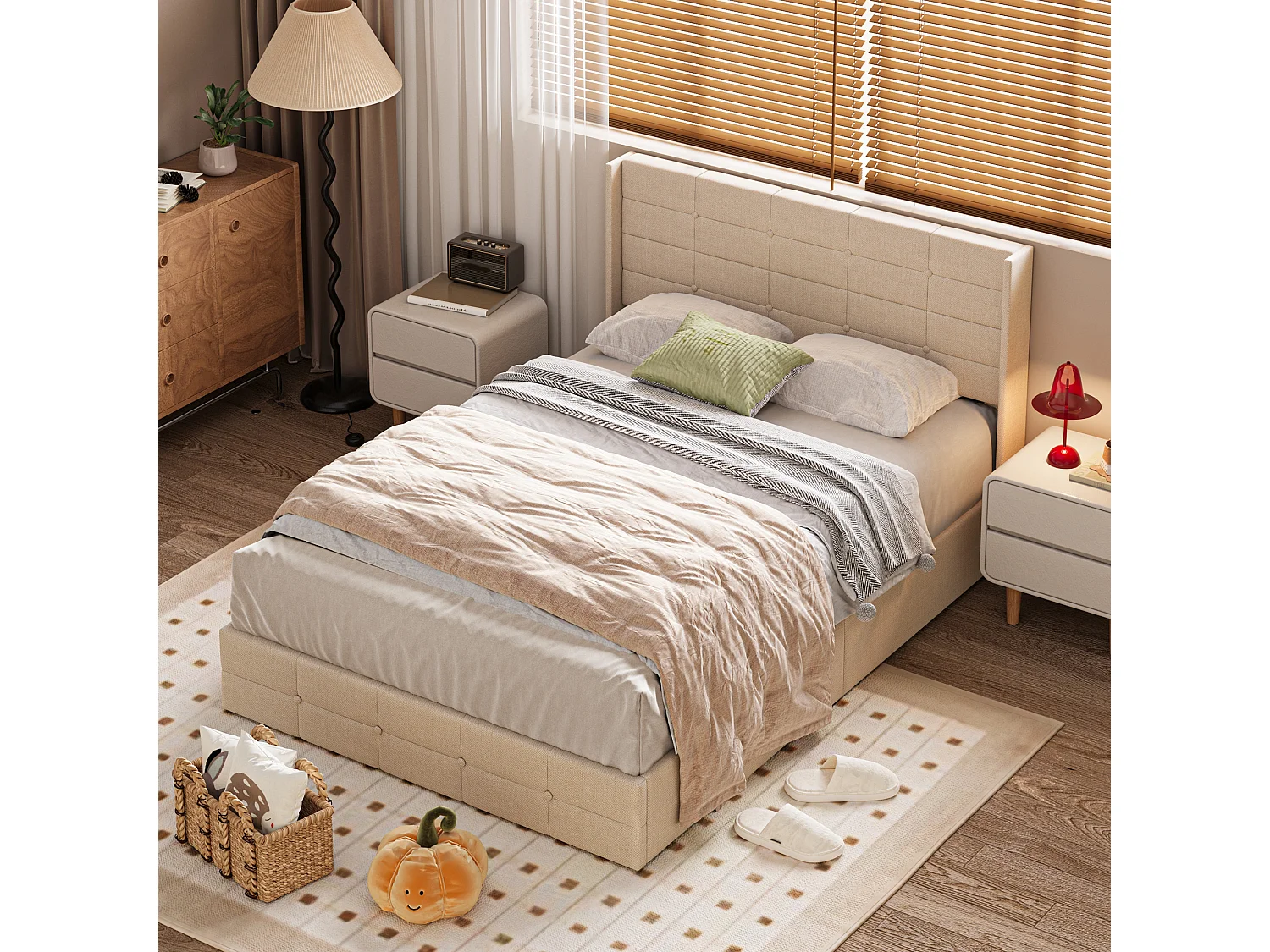 Lit à Structure Métallique avec Revêtement Doux, Grand Espace de Rangement, Système de Levage Hydraulique à Sangle, Lattes Solides, 213×148×107cm, Beige