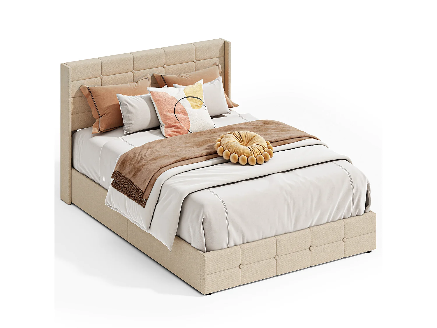 Lit à Structure Métallique avec Revêtement Doux, Grand Espace de Rangement, Système de Levage Hydraulique à Sangle, Lattes Solides, 213×148×107cm, Beige