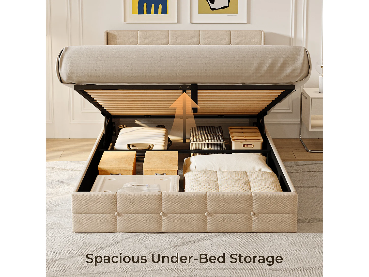 Lit à Structure Métallique avec Revêtement Doux, Grand Espace de Rangement, Système de Levage Hydraulique à Sangle, Lattes Solides, 213×148×107cm, Beige