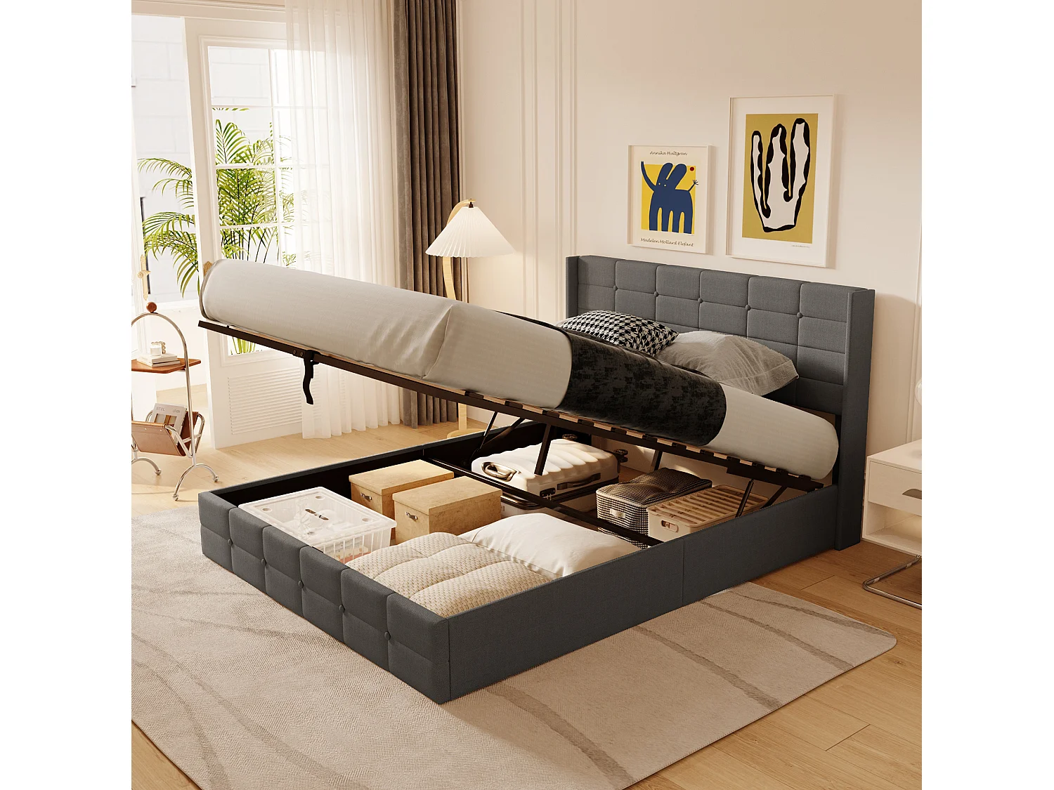 Lit à Structure Métallique avec Revêtement Doux, Grand Espace de Rangement, Système de Levage Hydraulique à Sangle, Lattes Solides,  214×169×107cm, Gris Foncé