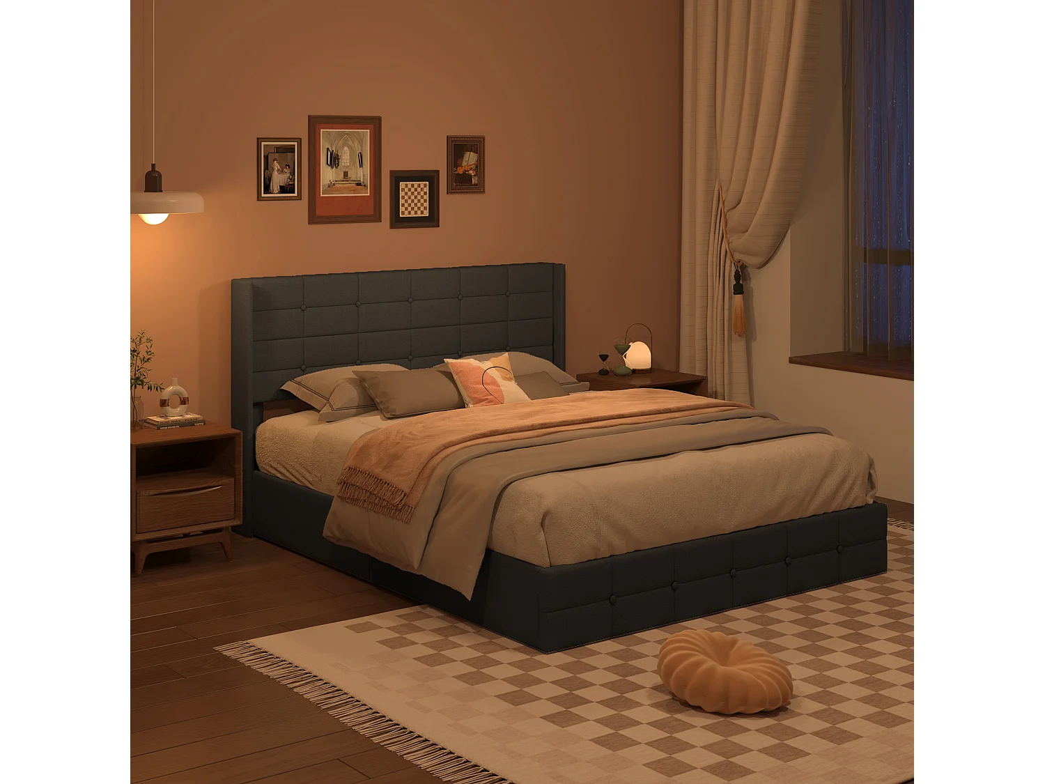 Lit à Structure Métallique avec Revêtement Doux, Grand Espace de Rangement, Système de Levage Hydraulique à Sangle, Lattes Solides,  214×169×107cm, Gris Foncé