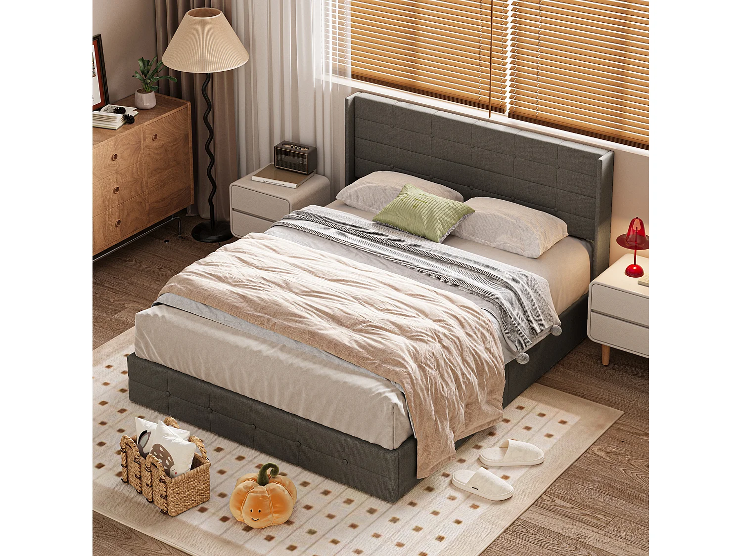 Lit à Structure Métallique avec Revêtement Doux, Grand Espace de Rangement, Système de Levage Hydraulique à Sangle, Lattes Solides,  214×169×107cm, Gris Foncé