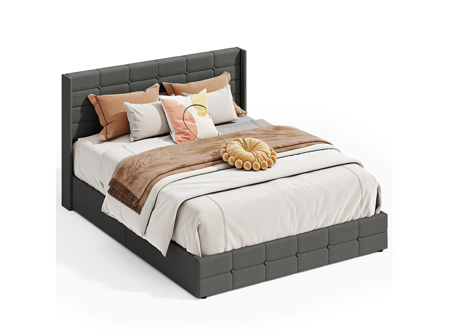 Lit à Structure Métallique avec Revêtement Doux, Grand Espace de Rangement, Système de Levage Hydraulique à Sangle, Lattes Solides,  214×169×107cm, Gris Foncé