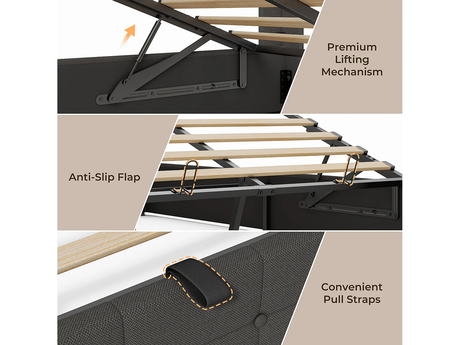 Lit à Structure Métallique avec Revêtement Doux, Grand Espace de Rangement, Système de Levage Hydraulique à Sangle, Lattes Solides,  214×169×107cm, Gris Foncé