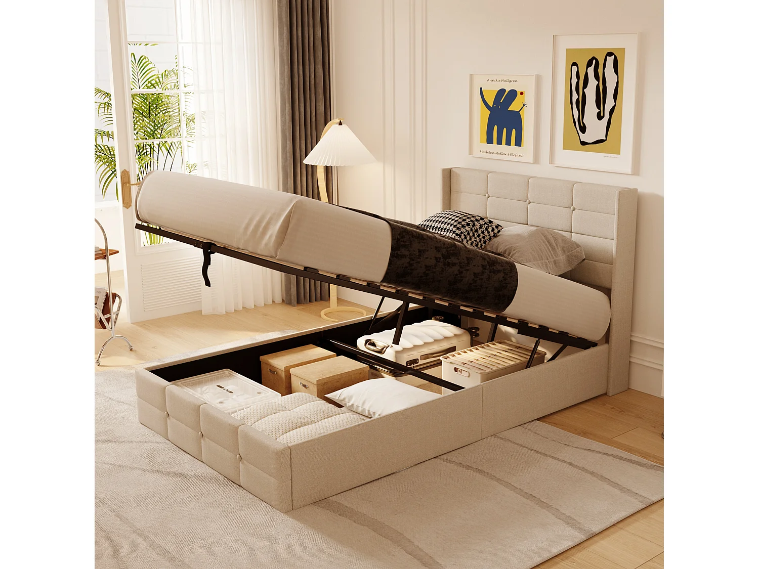 Lit à Structure Métallique avec Revêtement Doux, Grand Espace de Rangement, Système de Levage Hydraulique à Sangle, Lattes Solides, 214×129×107 cm, Beige