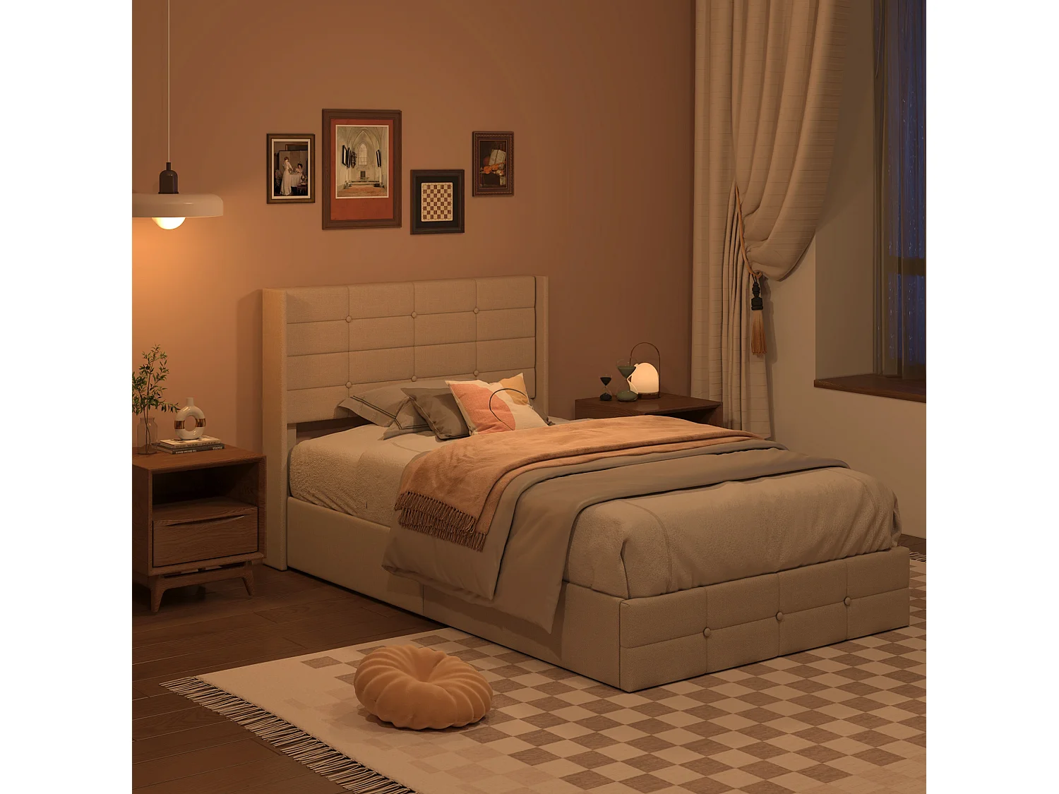 Lit à Structure Métallique avec Revêtement Doux, Grand Espace de Rangement, Système de Levage Hydraulique à Sangle, Lattes Solides, 214×129×107 cm, Beige