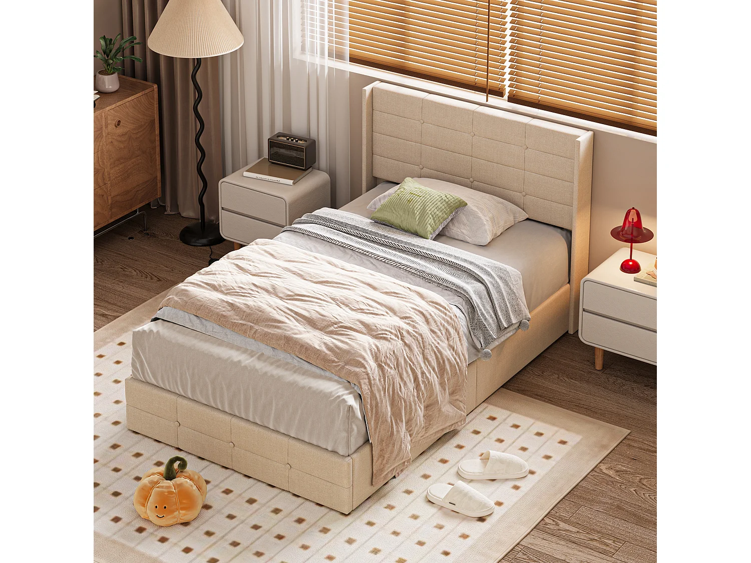 Lit à Structure Métallique avec Revêtement Doux, Grand Espace de Rangement, Système de Levage Hydraulique à Sangle, Lattes Solides, 214×129×107 cm, Beige