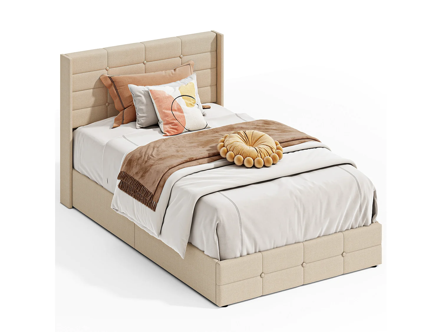 Lit à Structure Métallique avec Revêtement Doux, Grand Espace de Rangement, Système de Levage Hydraulique à Sangle, Lattes Solides, 214×129×107 cm, Beige