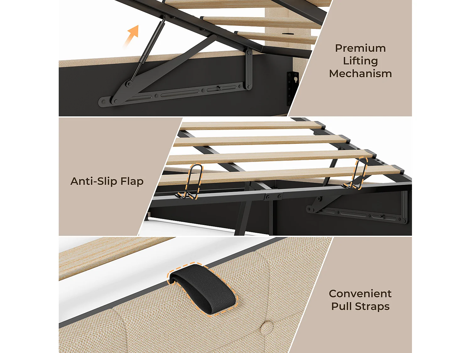Lit à Structure Métallique avec Revêtement Doux, Grand Espace de Rangement, Système de Levage Hydraulique à Sangle, Lattes Solides, 214×129×107 cm, Beige
