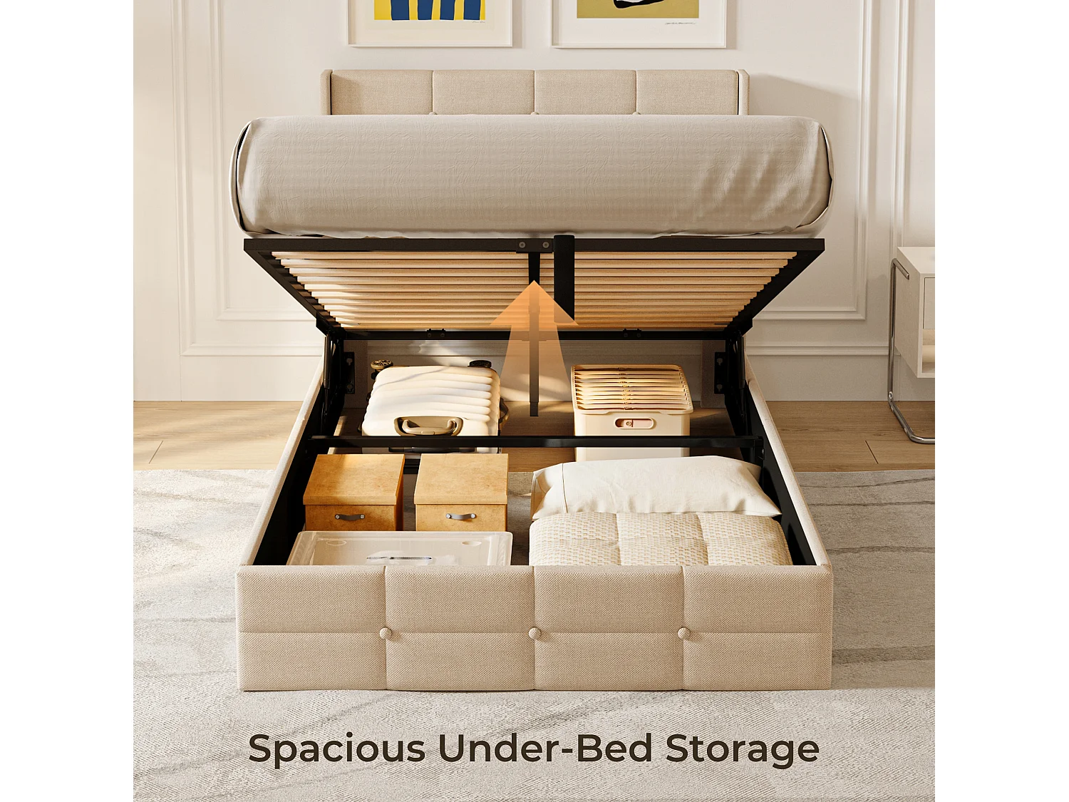 Lit à Structure Métallique avec Revêtement Doux, Grand Espace de Rangement, Système de Levage Hydraulique à Sangle, Lattes Solides, 214×129×107 cm, Beige